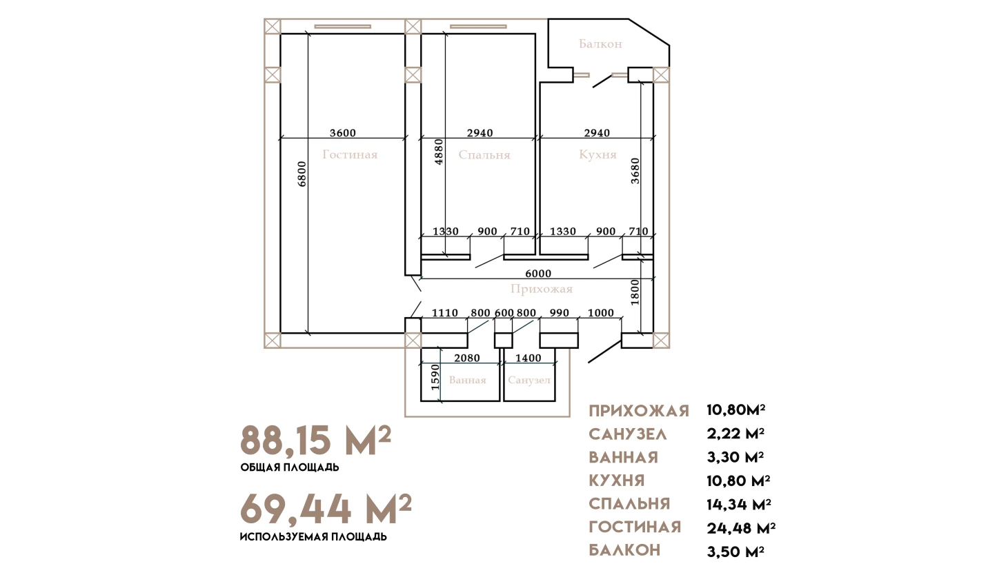 2-комн. квартира 88.15 м²  1/10 этаж | Жилой комплекс AZAMATOV GROUP
