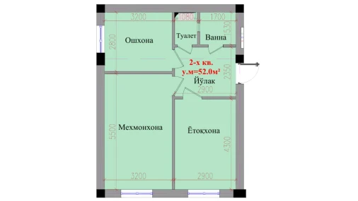 2-xonali xonadon 52 m²  1/8 qavat | Saxro Turar-joy majmuasi