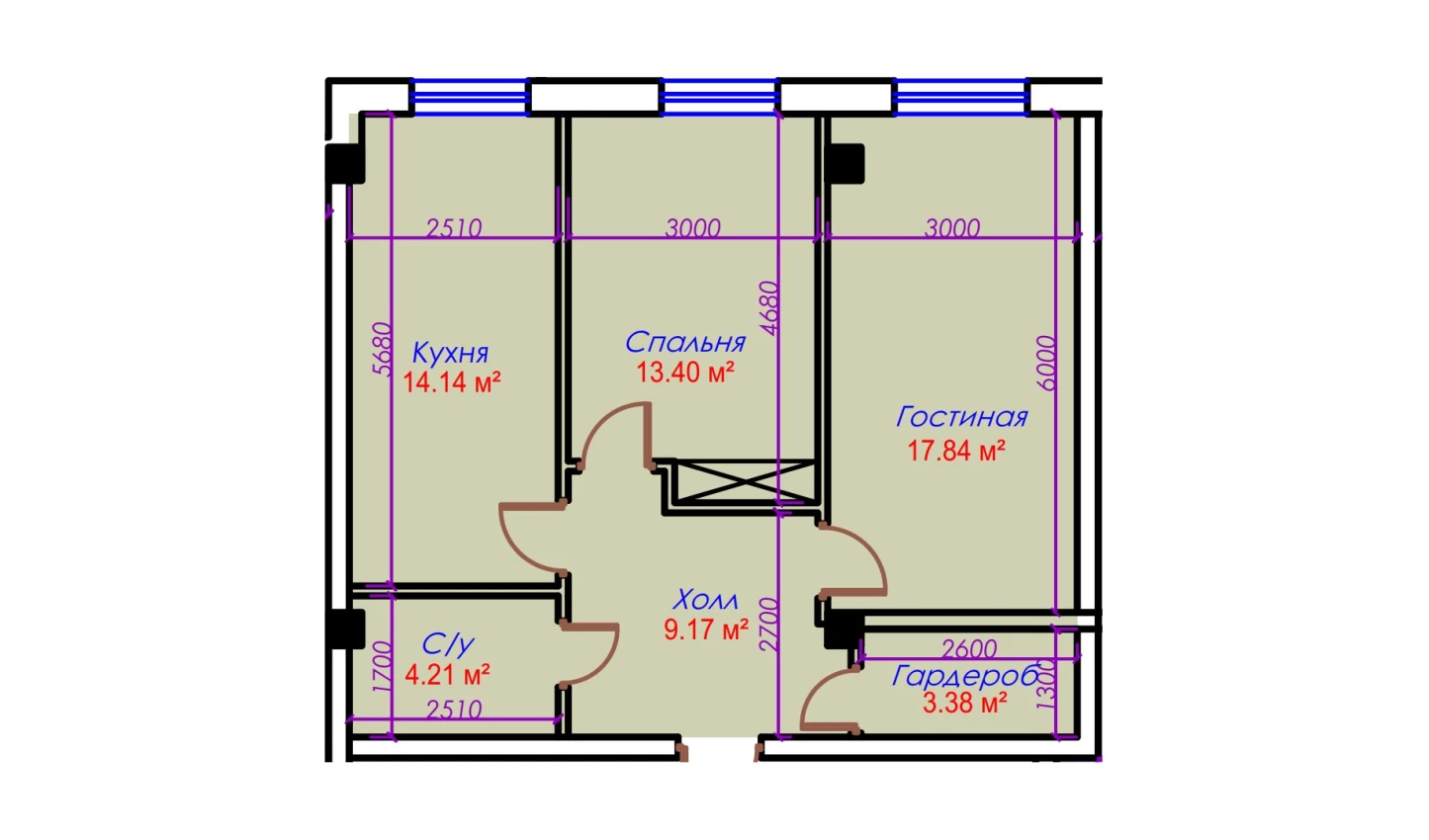 2-xonali xonadon 62.14 m²  1/10 qavat | Ko'kcha-Oqtepa Turar-joy majmuasi