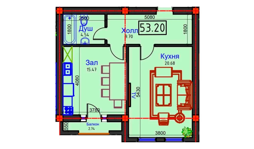 1-комнатная квартира 53.2 м²  5/9 этаж | Жилой комплекс BAHOR