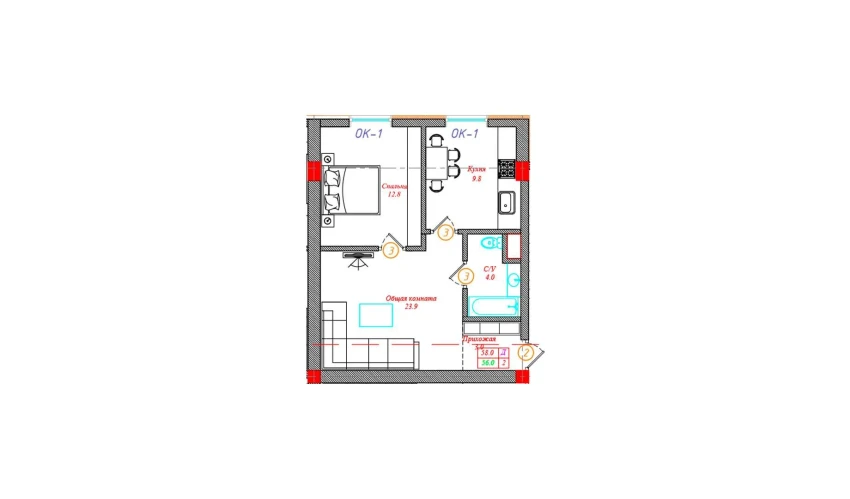 2-xonali xonadon 58 m²  12/12 qavat | CHINARA PARK Turar-joy majmuasi