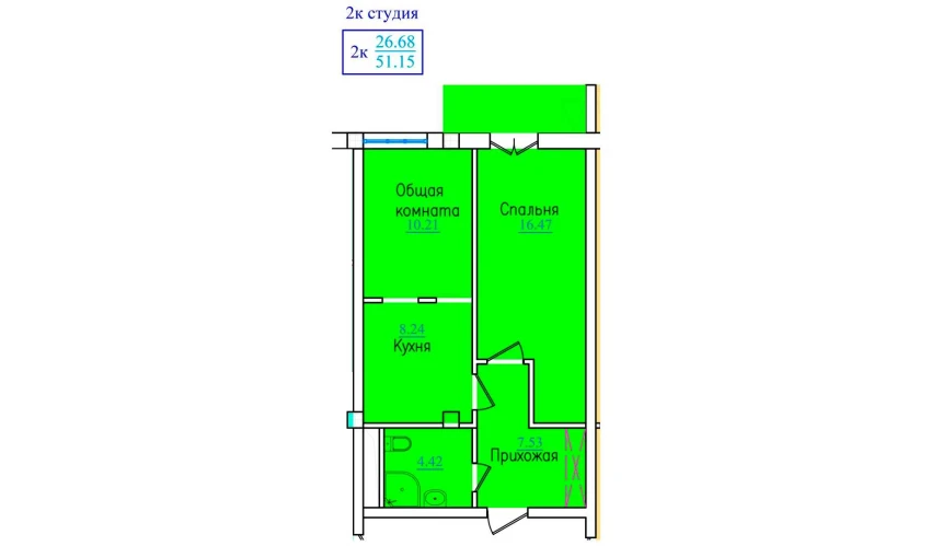 2-xonali xonadon 51.15 m²  5/9 qavat | PROVANS Turar-joy majmuasi