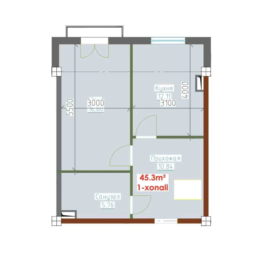 1-xonali xonadon 45.3 m²  4/9 qavat | YANGI AVLOD Turar-joy majmuasi