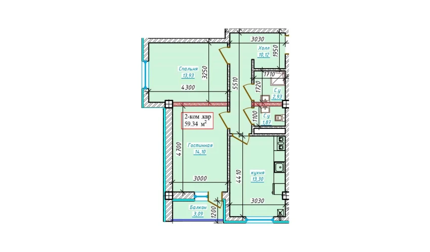 2-комнатная квартира 59.34 м²  7/9 этаж | Жилой комплекс Aero Town