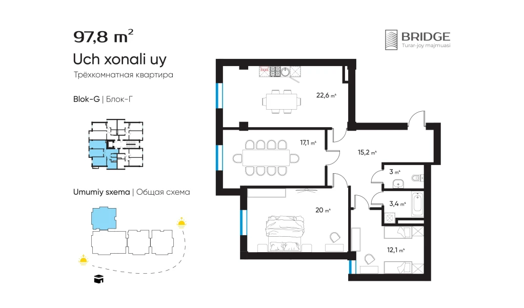 3-xonali xonadon 97.8 m²  8/10 qavat | BRIDGE Turar-joy majmuasi