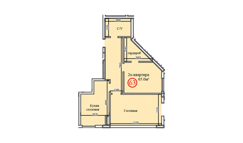 2-комнатная квартира 65 м²  12/14 этаж | Жилой комплекс Al-Barakat