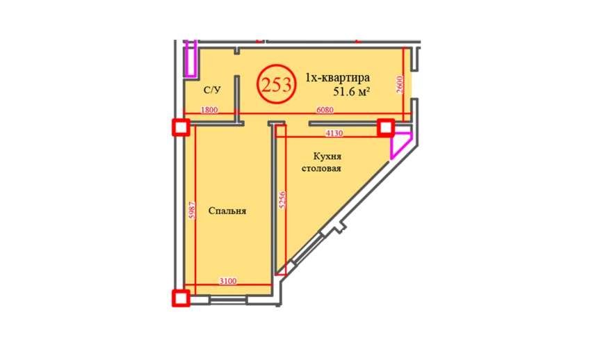 1-xonali xonadon 51.6 m²  1/14 qavat | Al-Barakat Turar-joy majmuasi