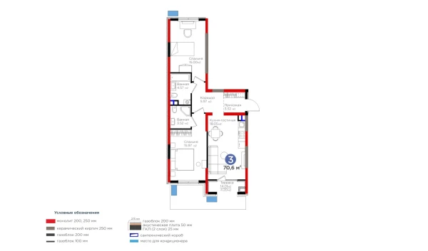 3-xonali xonadon 70.6 m²  3/9 qavat | BI Sad'O Turar-joy majmuasi