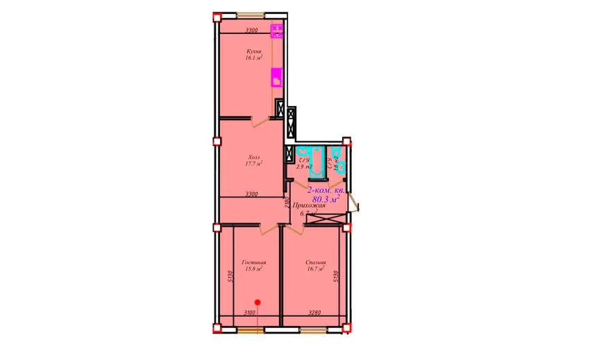 2-xonali xonadon 80.3 m²  1/7 qavat | CHIRCHIQ CITY Turar-joy majmuasi
