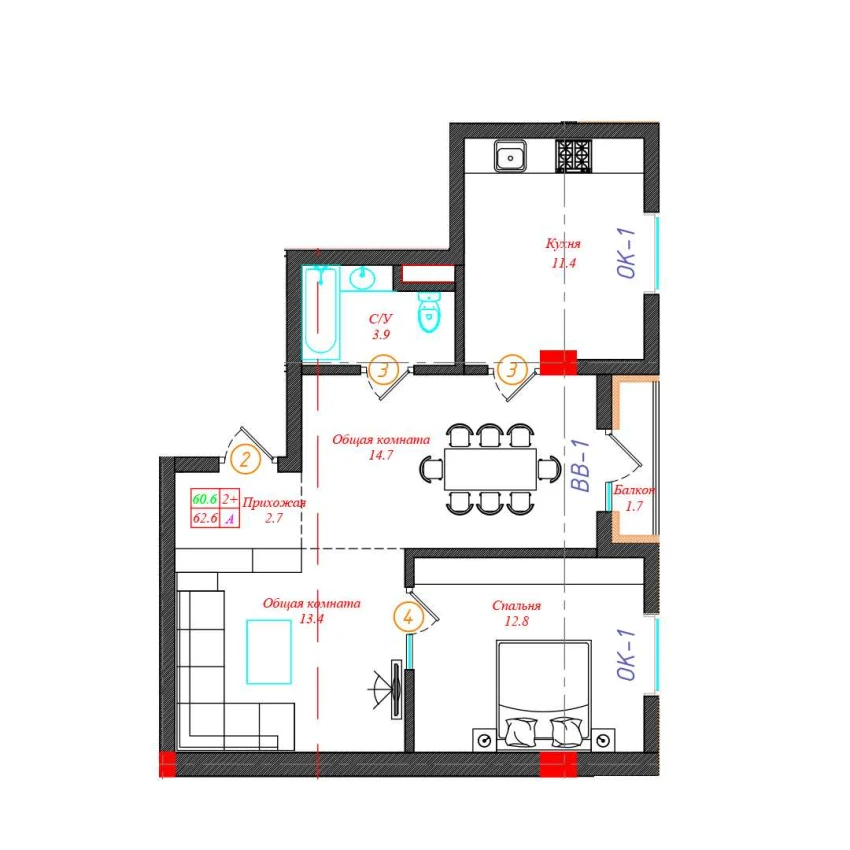 2-комн. квартира 62.6 м²  12/12 этаж | Жилой комплекс CHINARA PARK