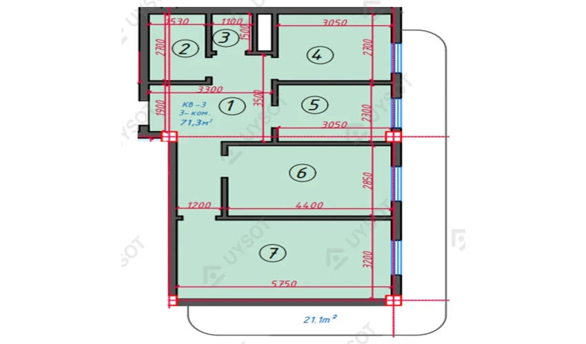 3-xonali xonadon 71.3 m²  2/16 qavat | TURKISTON AVENUE Turar-joy majmuasi