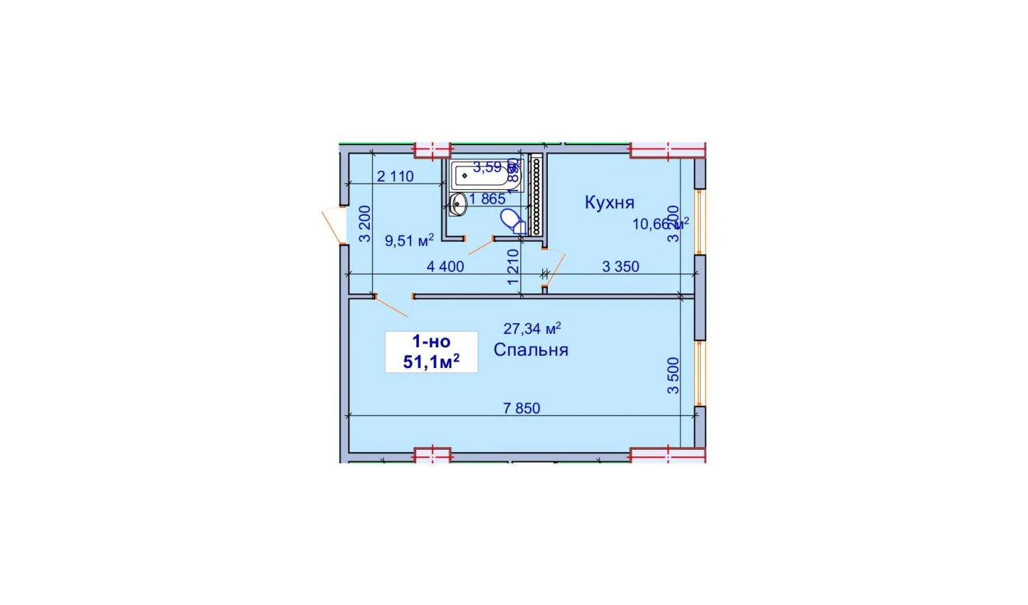 1-комн. квартира 51.1 м²  1/9 этаж | Жилой комплекс SHAYX-UL OLAM