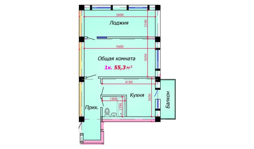 1-xonali xonadon 55.3 m²  3/9 qavat | VATAN Turar-joy majmuasi