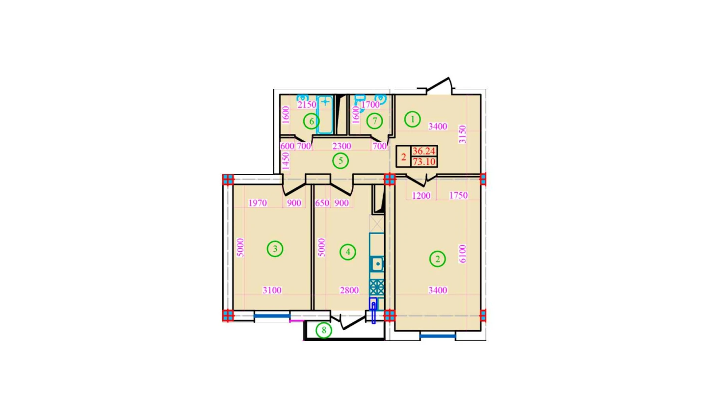 2-xonali xonadon 73.1 m²  3/5 qavat | Bog’zor Turar-joy majmuasi