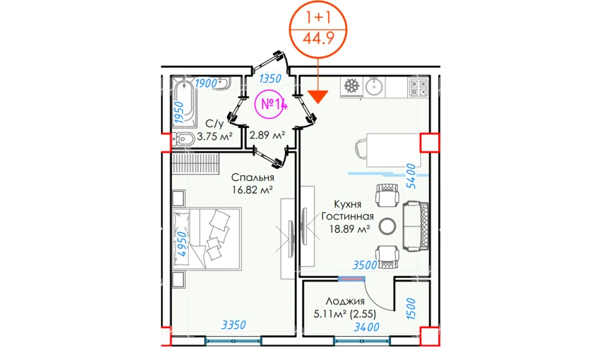 1-комнатная квартира 44.9 м²  8/16 этаж | Жилой комплекс ALFA CITY