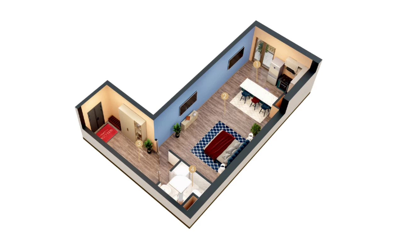 1-xonali xonadon 49.68 m²  2/9 qavat | MINGCHINOR Turar-joy majmuasi