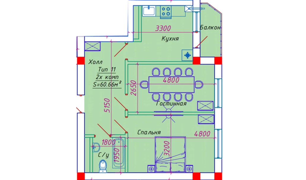 2-комн. квартира 60.66 м²  7/10 этаж | Жилой комплекс Emir