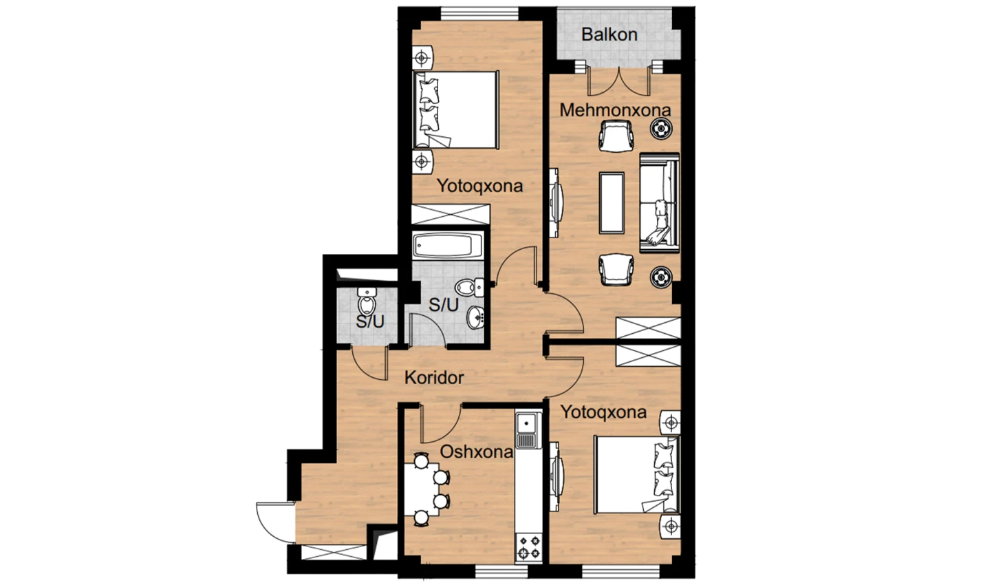 3-xonali xonadon 82 m²  5/16 qavat | Musaffo Turar-joy majmuasi
