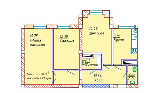 3-комнатная квартира 75.18 м²  9/10 этаж | Жилой комплекс Samarqand Park Avenue