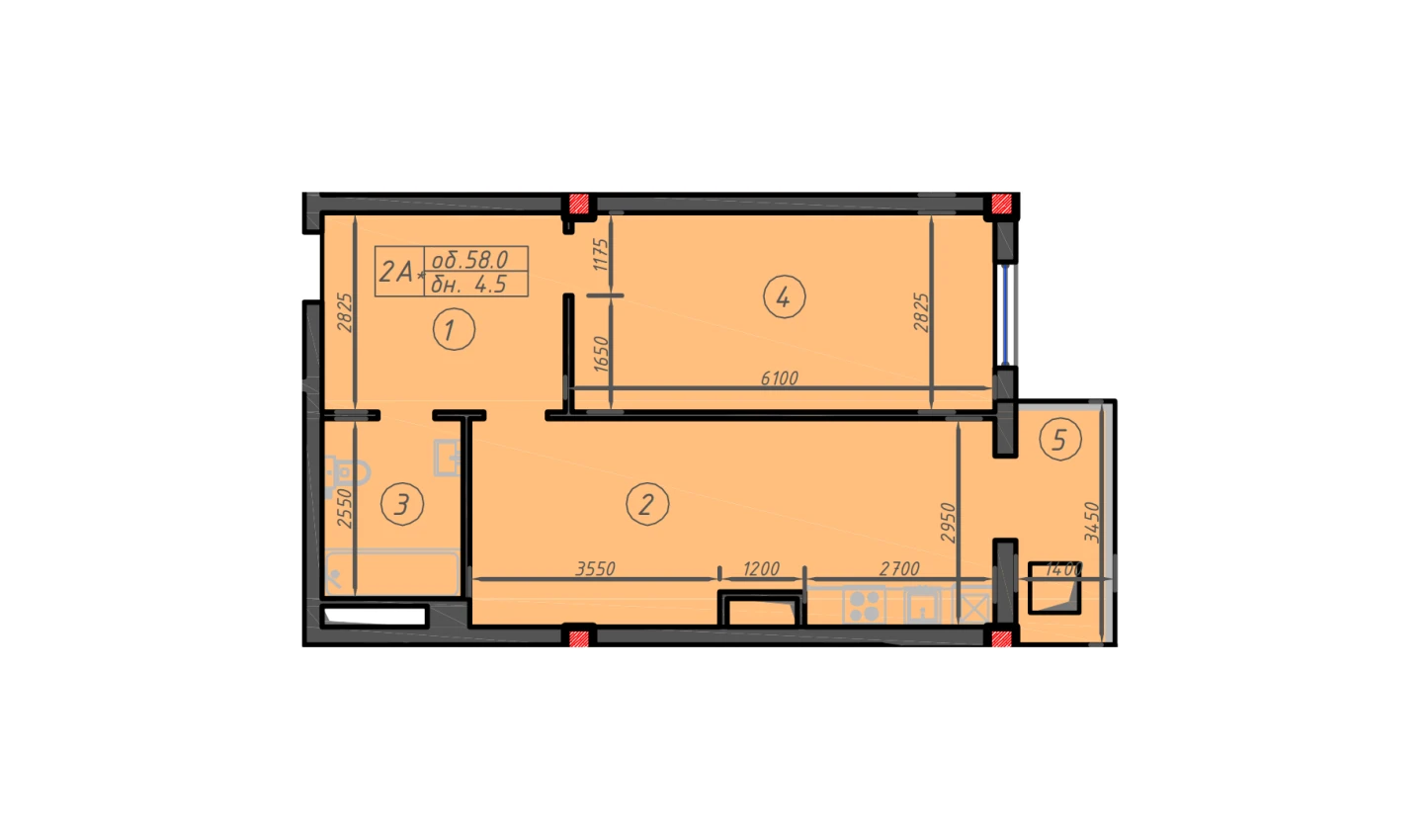 1-xonali xonadon 58 m²  2/12 qavat | Sokin hayot Turar-joy majmuasi