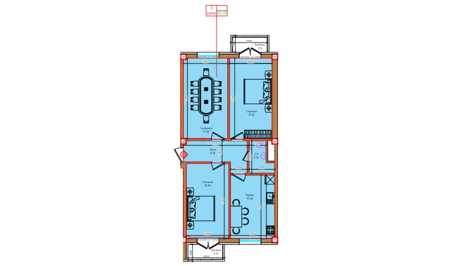 3-xonali xonadon 83.2 m² 6/8 qavat | Markaz Turar-joy majmuasi 3-xonali xonadon 83.2 m² 6/8 qavat | Markaz Turar-joy majmuasi