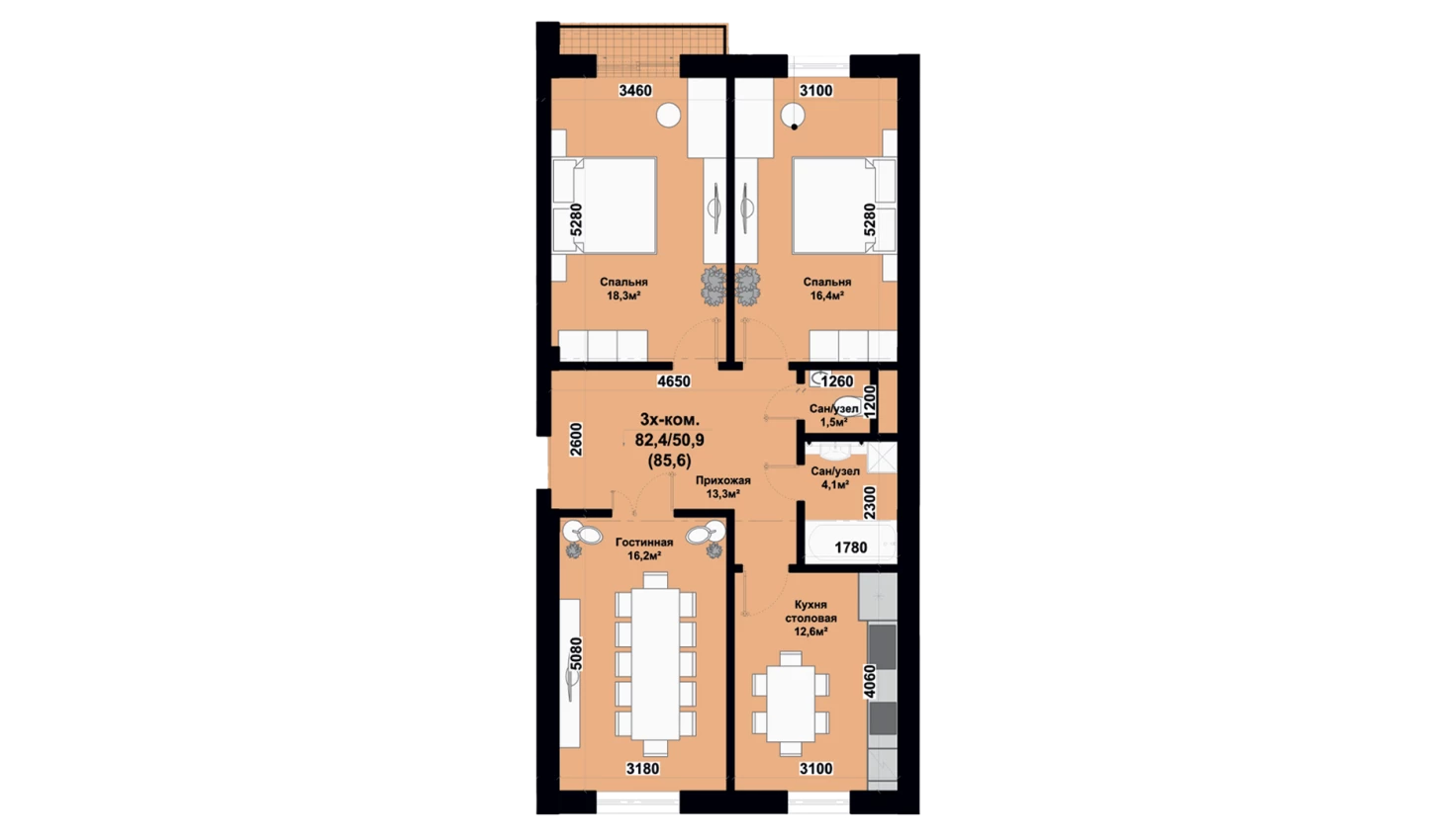 3-xonali xonadon 85.6 m²  2/8 qavat | SMART HOUSE NURAFSHAN Turar-joy majmuasi