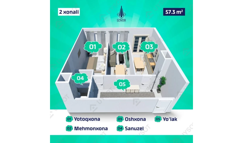 2-комнатная квартира 57.3 м²  2/12 этаж | Жилой комплекс Izmir