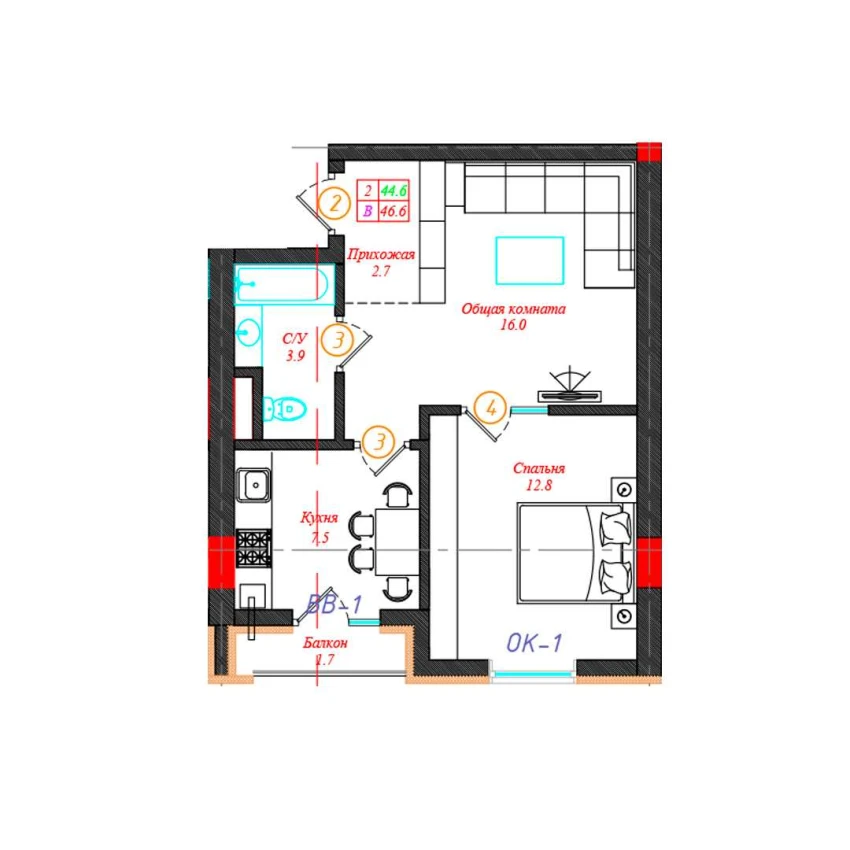 2-комн. квартира 46.6 м²  11/12 этаж | Жилой комплекс CHINARA PARK