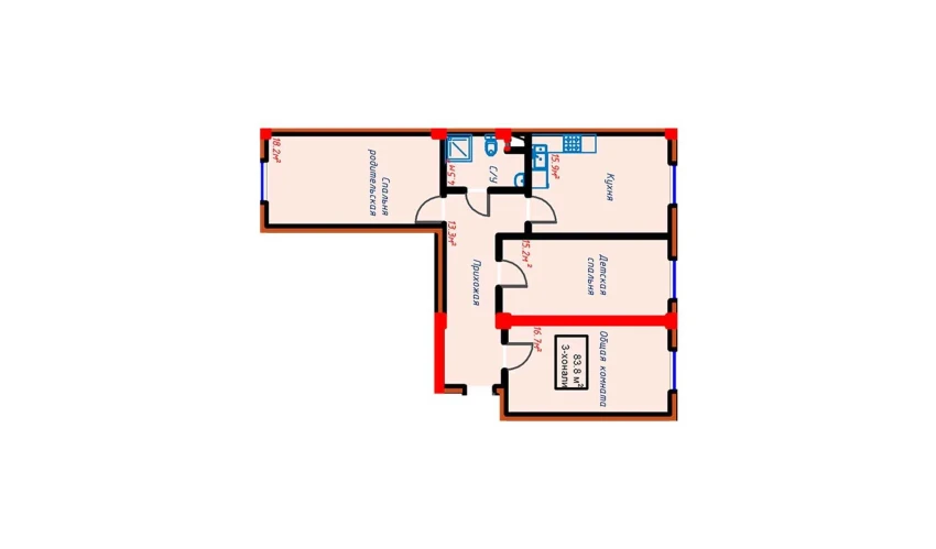 3-комнатная квартира 85.7 м²  4/10 этаж | Жилой комплекс Turon