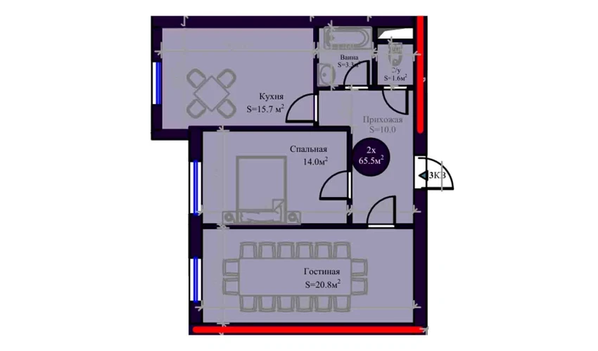 2-xonali xonadon 65.5 m²  3/14 qavat | Zamin Urgut Turar-joy majmuasi