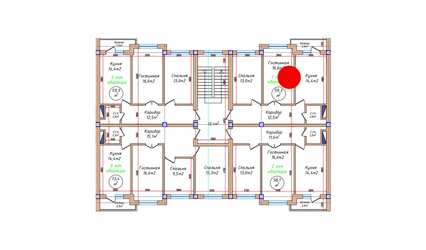 2-xonali xonadon 59.3 m²  4/5 qavat | Oq mahalla Turar-joy majmuasi