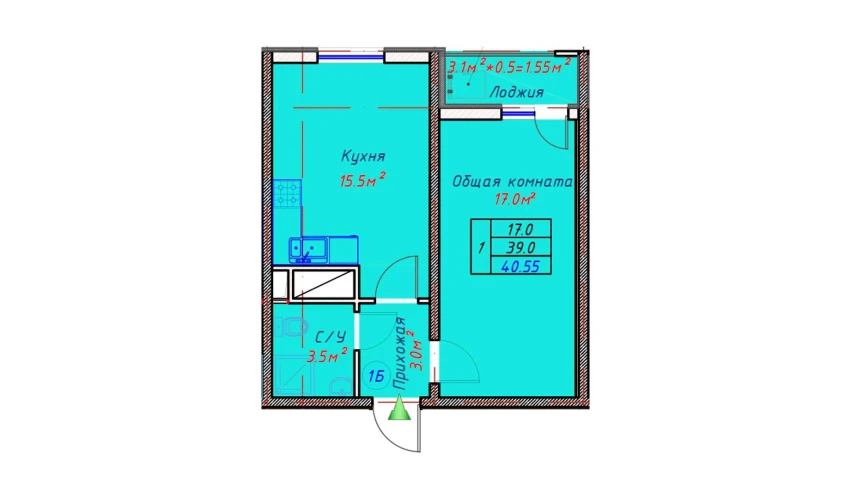 1-xonali xonadon 40.55 m²  10/16 qavat | TRINITY Turar-joy majmuasi