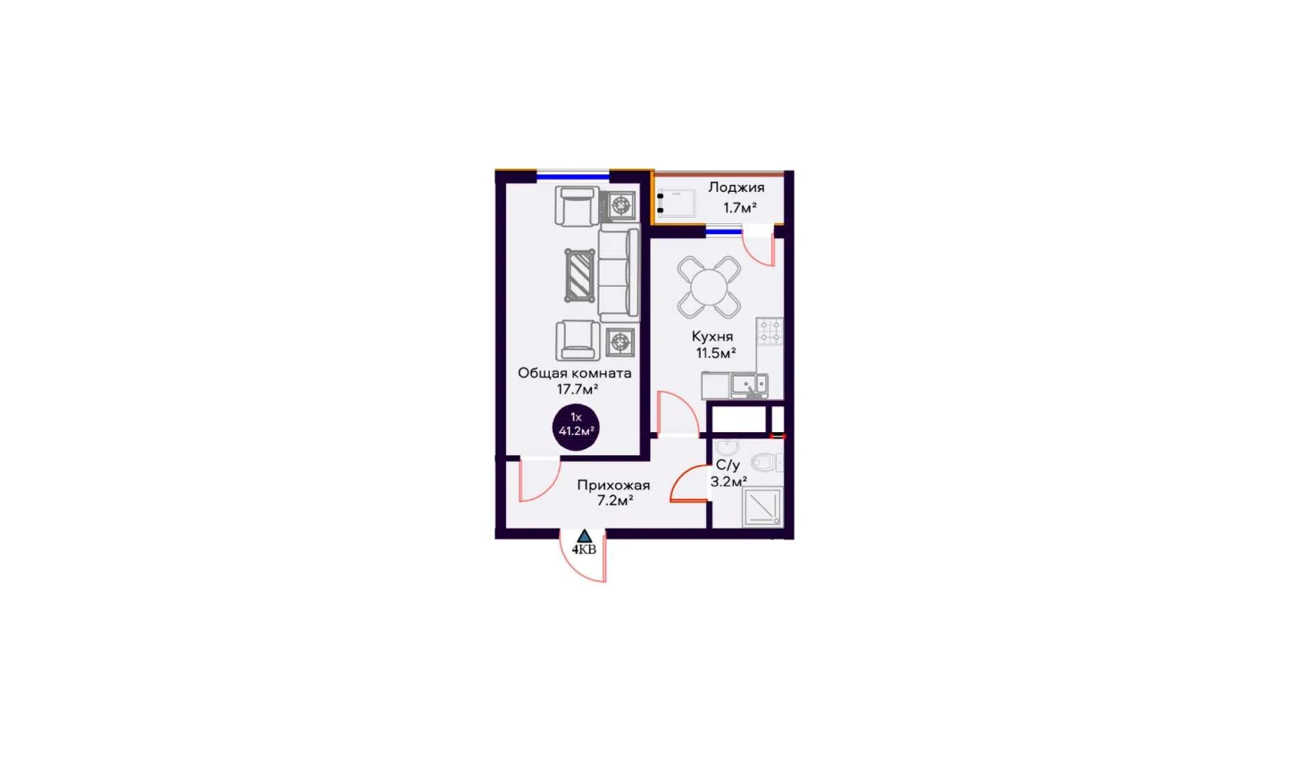 1-xonali xonadon 41.2 m²  8/16 qavat | Crystal Avenue Turar-joy majmuasi
