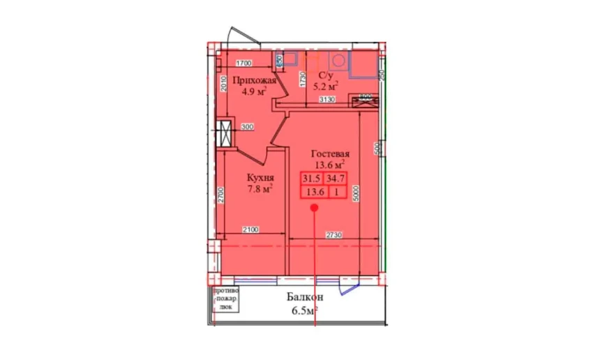 1-комнатная квартира 34.7 м²  3/9 этаж | Жилой комплекс CHIRCHIQ CITY