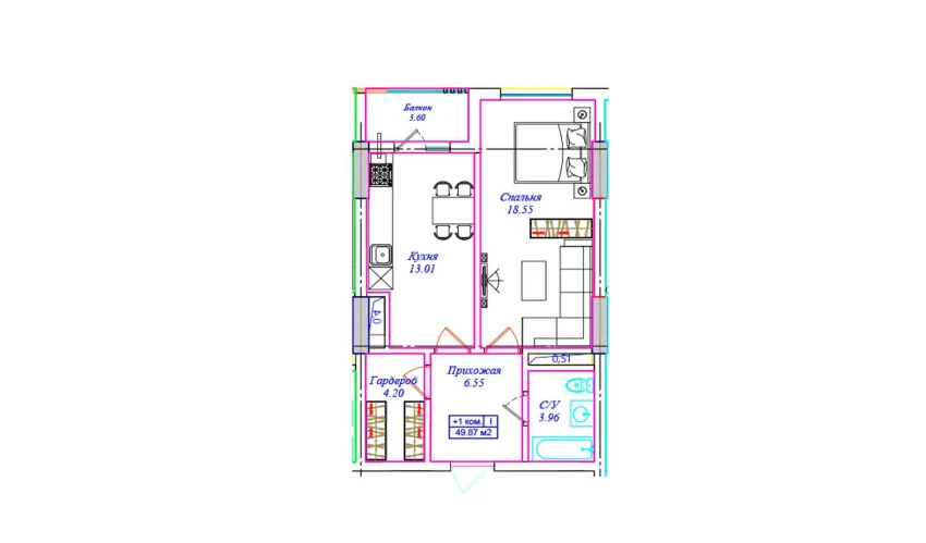 1-комнатная квартира 49.87 м²  14/17 этаж | Жилой комплекс ASTRA