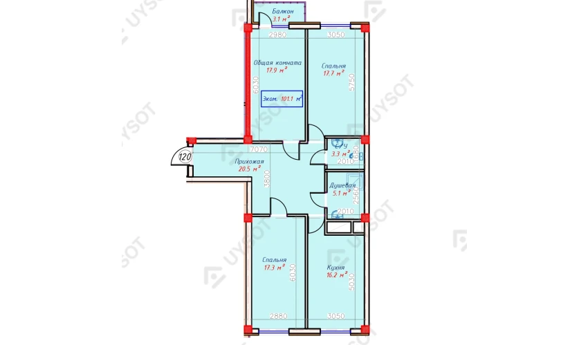 3-комнатная квартира 101.1 м²  2/9 этаж | Жилой комплекс QASHQADARYO