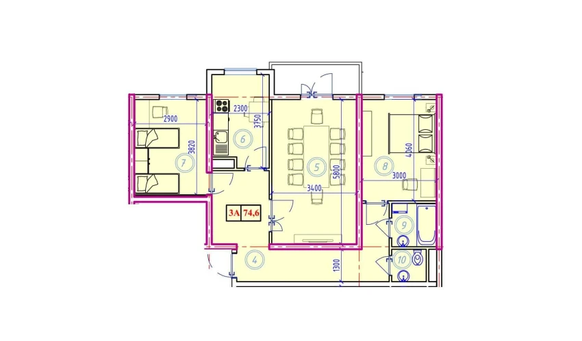 3-xonali xonadon 74.6 m²  8/9 qavat | Ahillik Turar-joy majmuasi