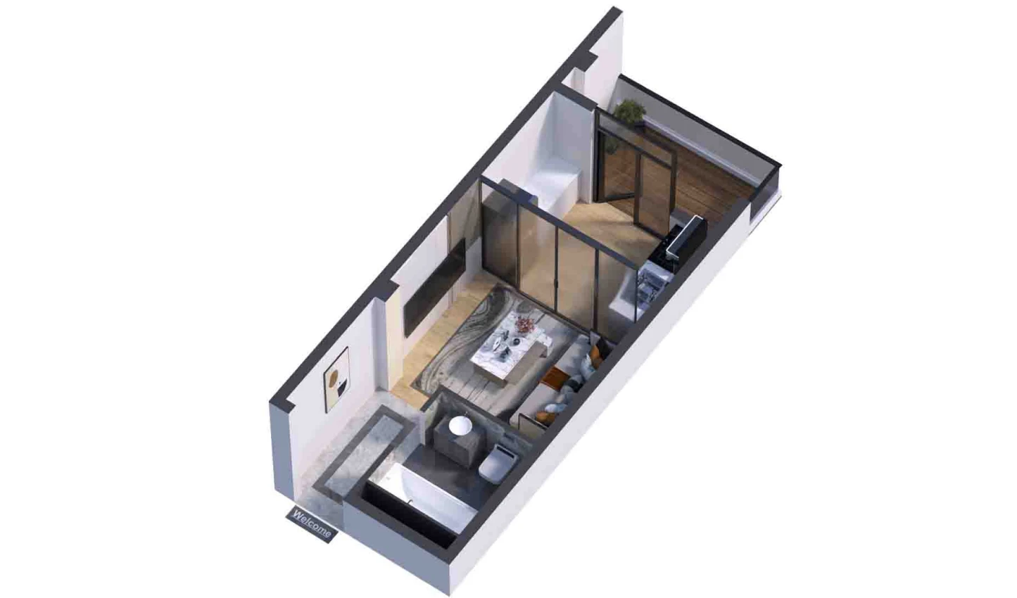 1-xonali xonadon 55.49 m²  7/7 qavat | Bochka Resort Turar-joy majmuasi