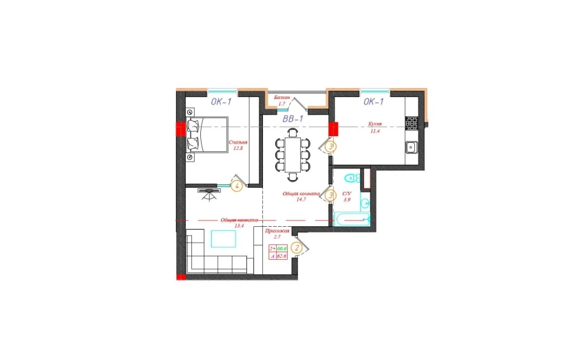 2-xonali xonadon 62.6 m²  10/12 qavat | CHINARA PARK Turar-joy majmuasi