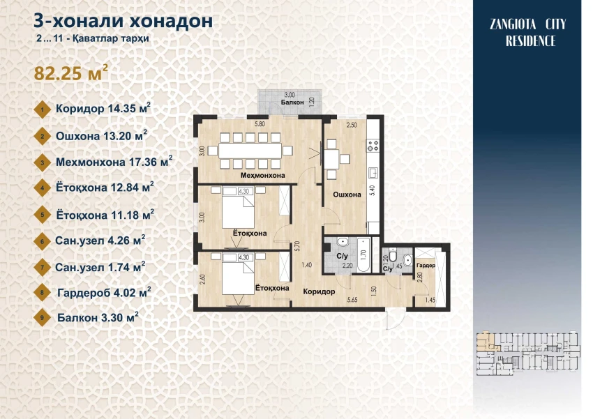3-комн. квартира 82.25 м²  4/12 этаж | Жилой комплекс Zangota City 1 -ETAP