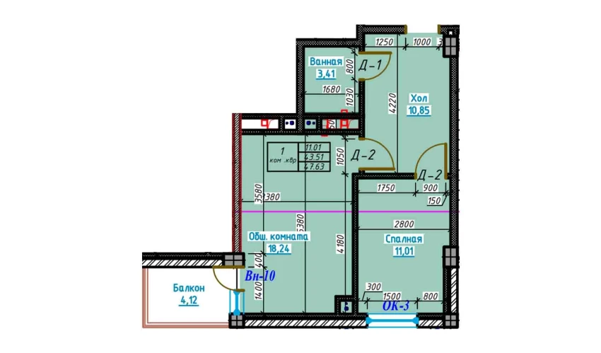 2-xonali xonadon 47.6 m²  3/13 qavat | Bog'dod City Turar-joy majmuasi