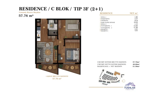 3-комнатная квартира 51.59 м²  7/7 этаж | Жилой комплекс TUSHLAR VODIYSI