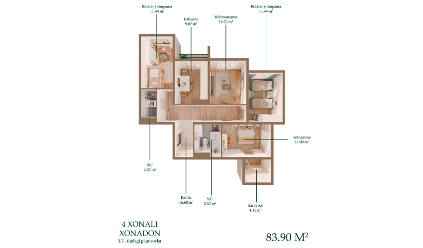 4-комнатная квартира 83.9 м²  3/16 этаж | Жилой комплекс BASHKENT