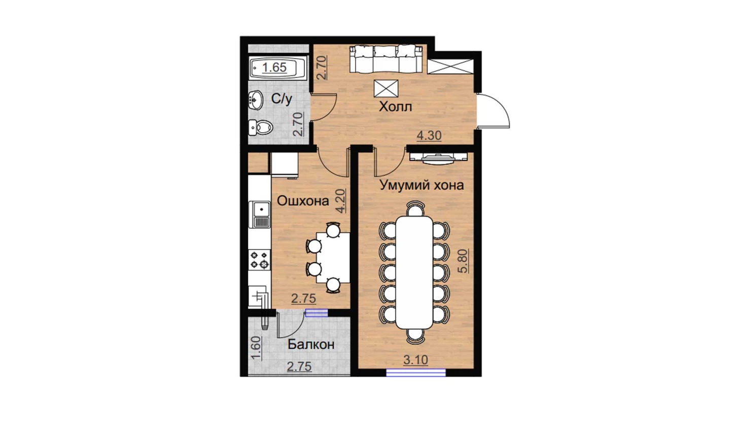 1-комн. квартира 54.8 м²  9/16 этаж | Жилой комплекс BRILLIANT