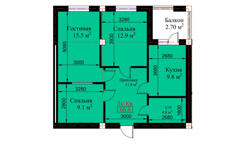 3-комнатная квартира 66.6 м²  5/8 этаж | Жилой комплекс MUHTASHAM
