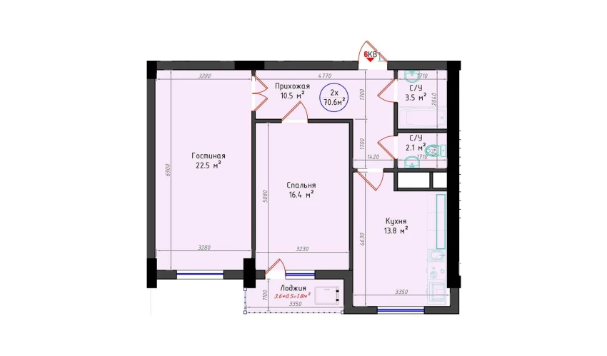 2-xonali xonadon 70.6 m²  18/25 qavat | Brilliant City Turar-joy majmuasi