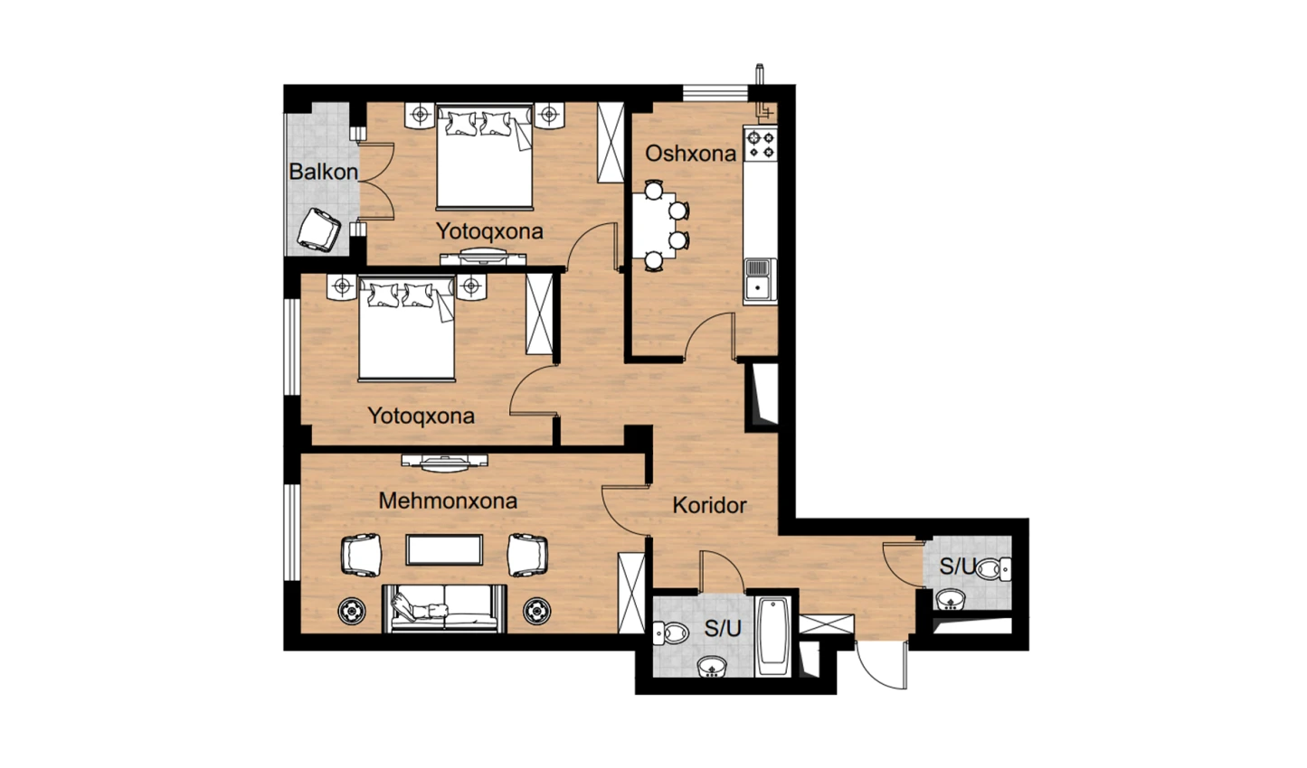 3-xonali xonadon 87.8 m²  15/16 qavat | Musaffo Turar-joy majmuasi