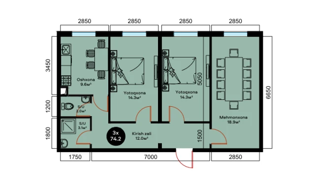1-комнатная квартира 74.2 м²  1/9 этаж | Жилой комплекс YAQINLAR