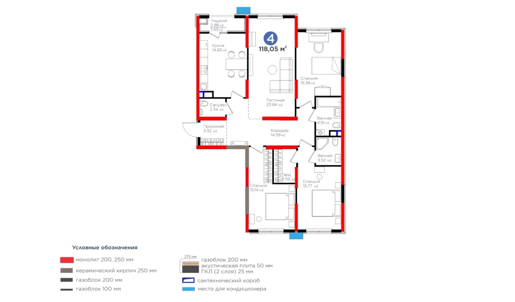 4-комн. квартира 118.05 м²  3/9 этаж | Жилой комплекс BI Sad'O