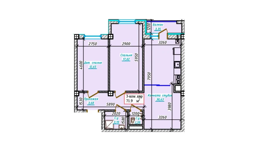 3-комнатная квартира 71.9 м²  5/9 этаж | Жилой комплекс Aero Town